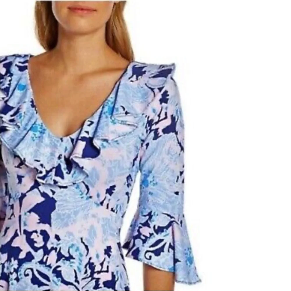 🌸 Lilly Pulitzer Stirling Ruffle Dress 3/4 Bell Sleeve, Bright Navy Amore Please - Picture 2 of 14